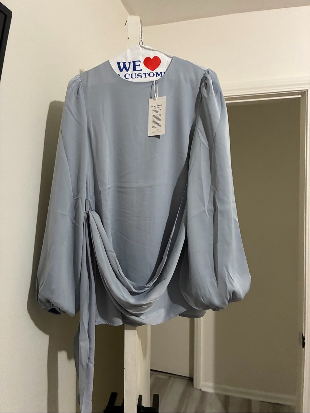 Light Blue Draped Tie-Back Long-Sleeve Blouse by